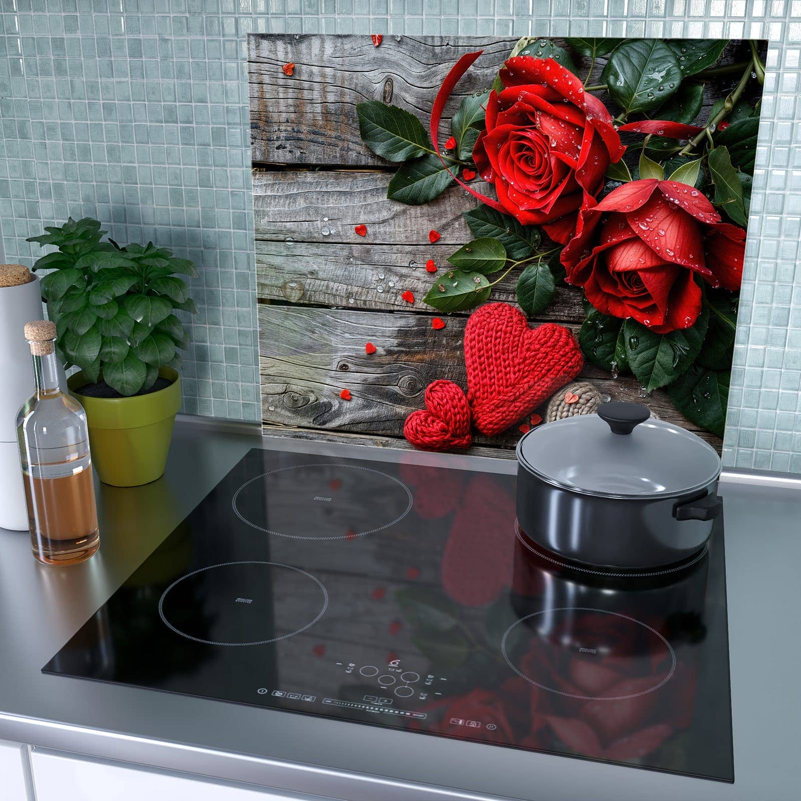 1-teilige Herdabdeckung mit Rote Rosen und Herzen-Motiv als Spritzschutz hinter dem Kochfeld