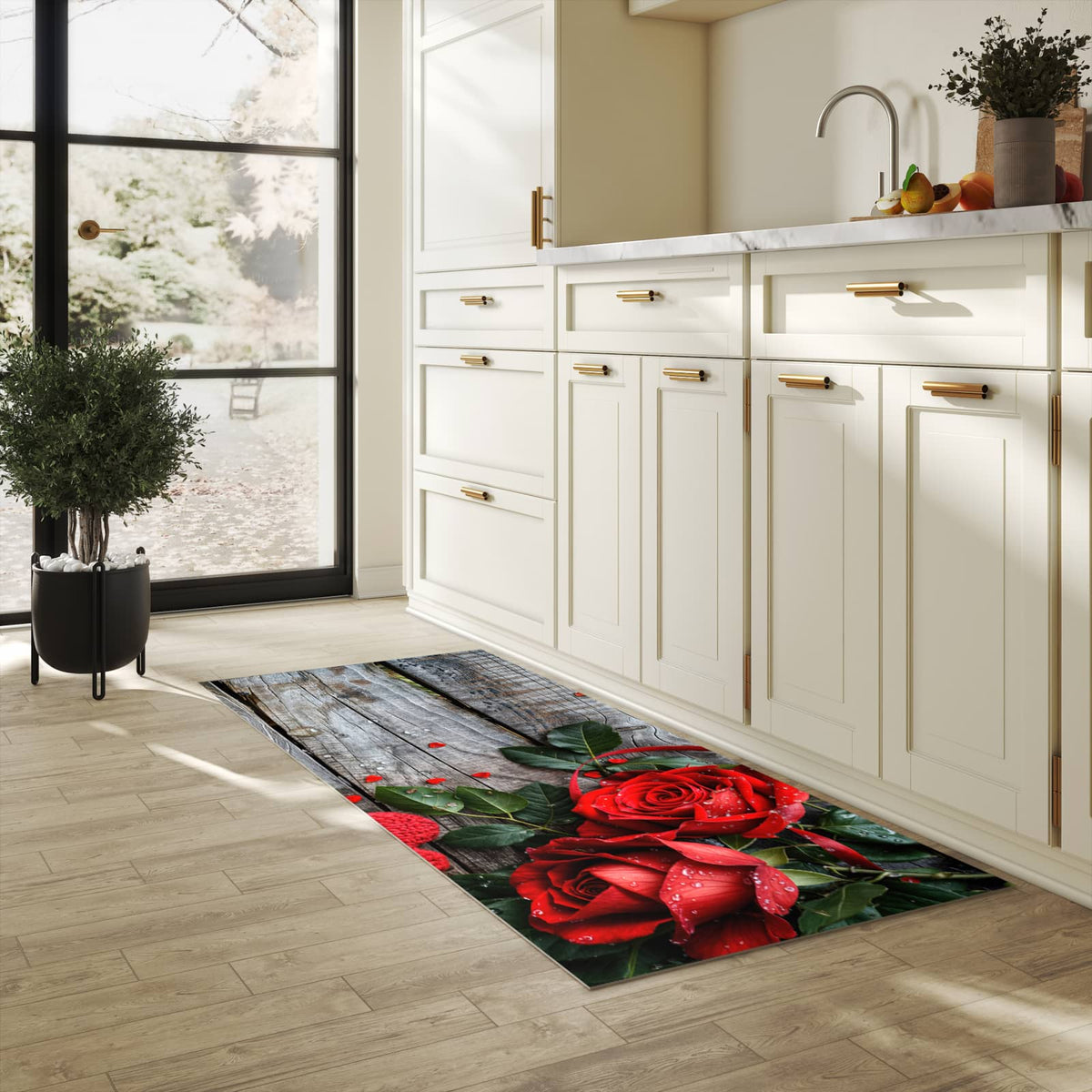 Farbbeständiger Küchenläufer mit Motiv Rote Rosen und Herzen in heller Küche