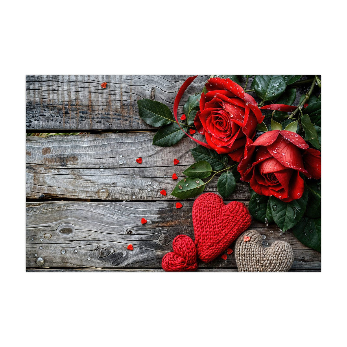 Küchenrückwand aus Glas Rosen mit Strickherzen im Hochformat, Motiv bildfüllend von vorn