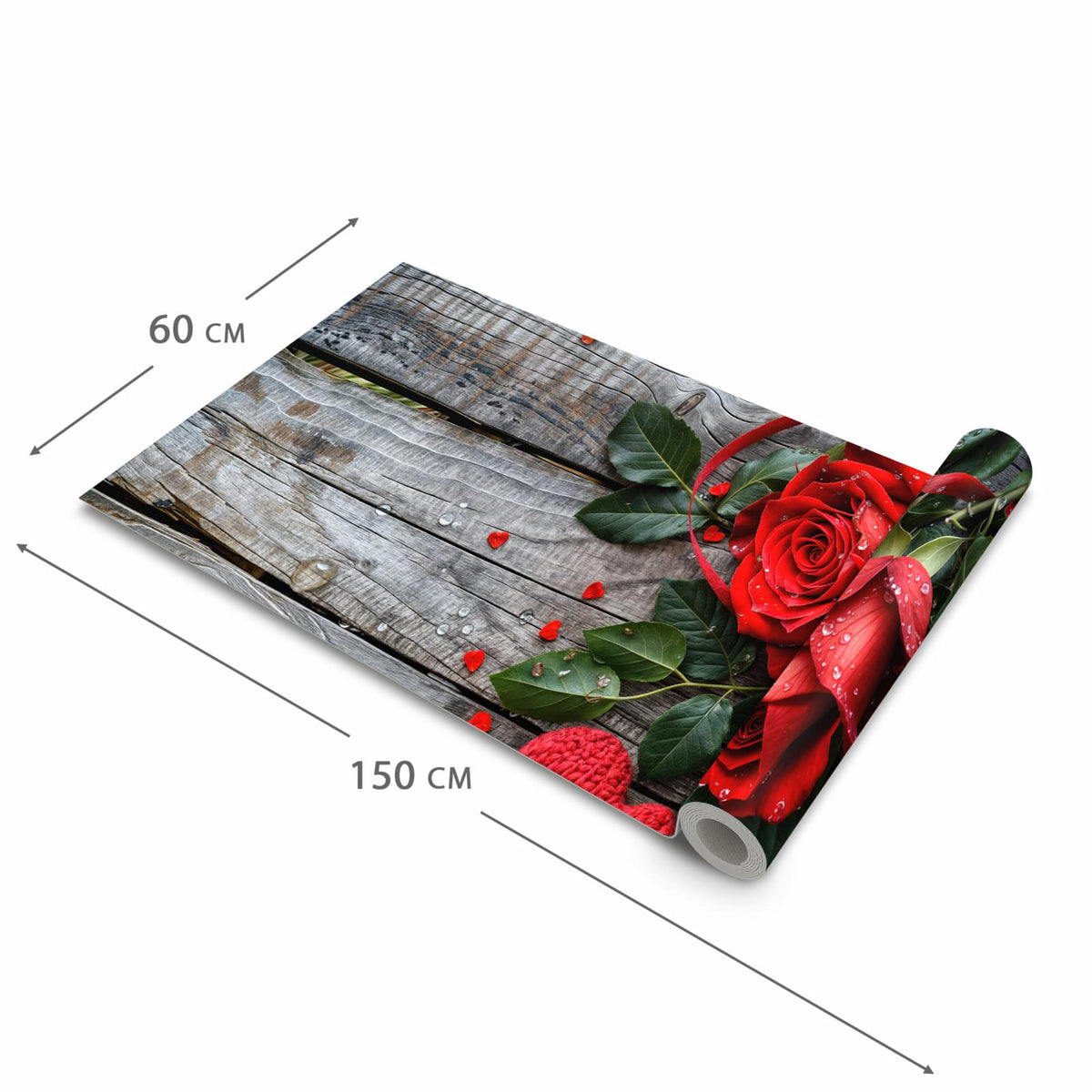 Langlebiger Küchenläufer mit Motiv Rote Rosen und Herzen in der Grösse 60x300 cm, waschbar