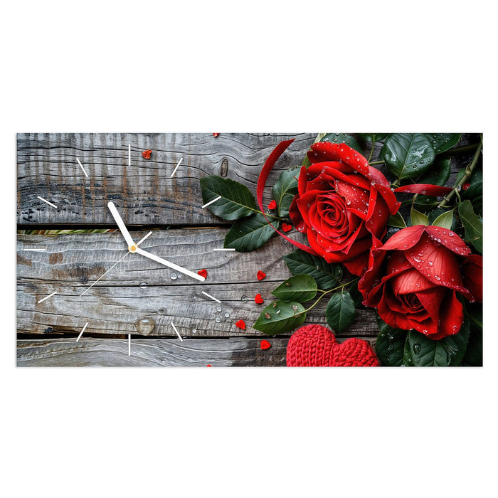 Wanduhr Rote Rosen und Herzen aus Glas – Querformat 60 × 30 cm mit Ziffernblatt Linie