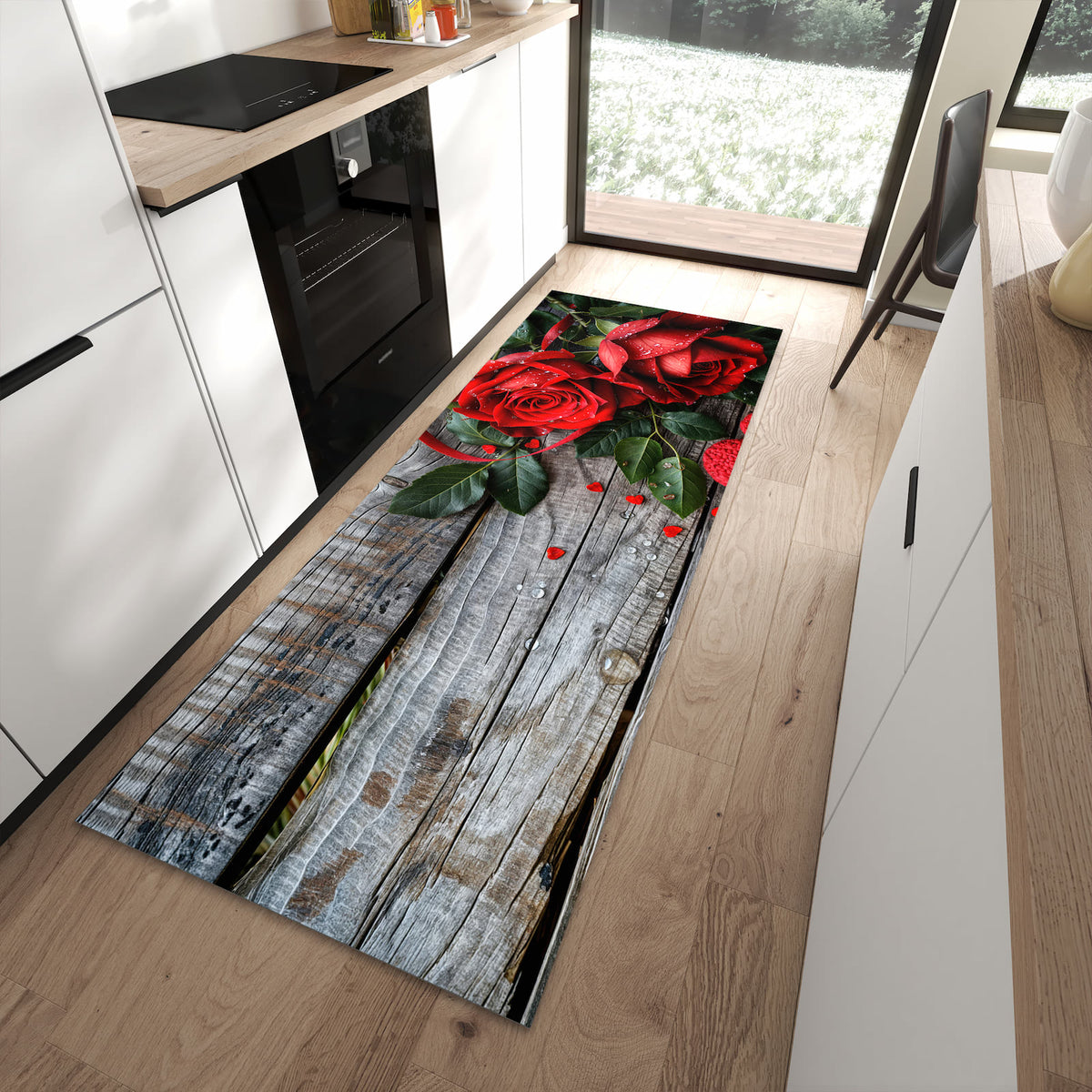 Farbbeständiger dünner Teppich mit Motiv Rote Rosen und Herzen in moderner Küche