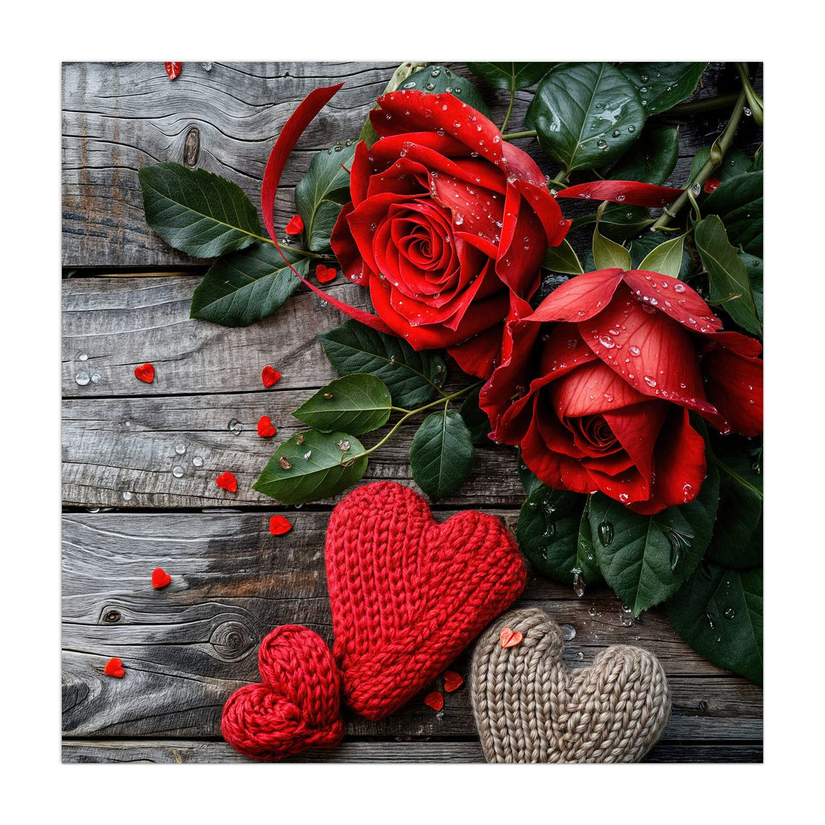 Küchenrückwand aus Glas Rosen mit Strickherzen im quadratischen Format, Motiv bildfüllend von vorn