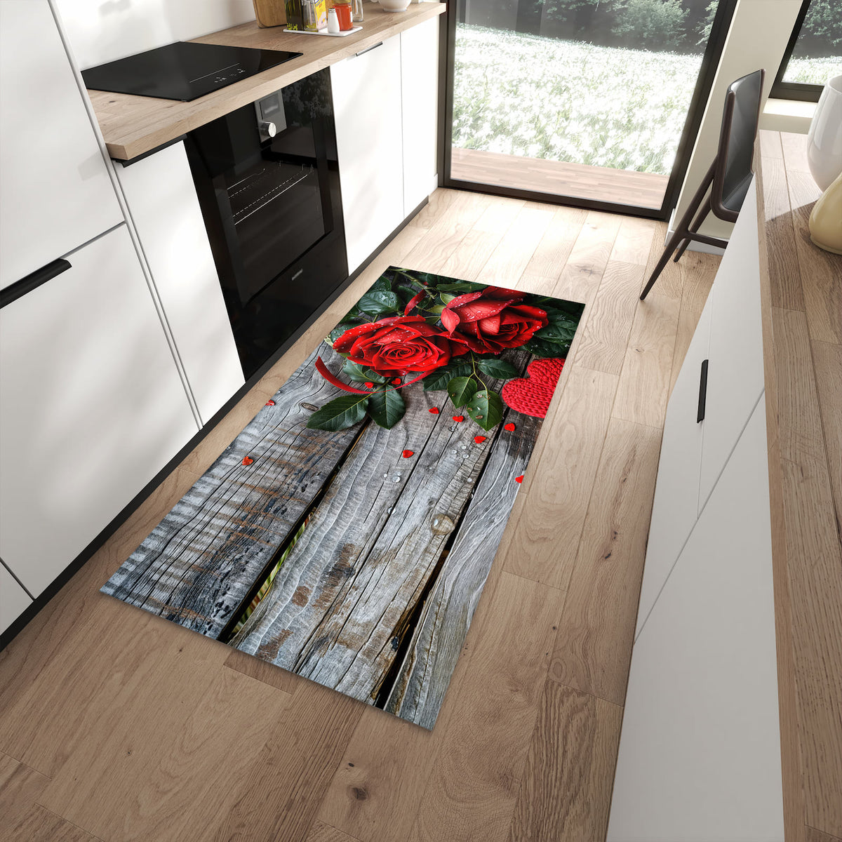 Bodenschonender rutschfester Läufer mit Motiv Rote Rosen und Herzen in moderner Küche