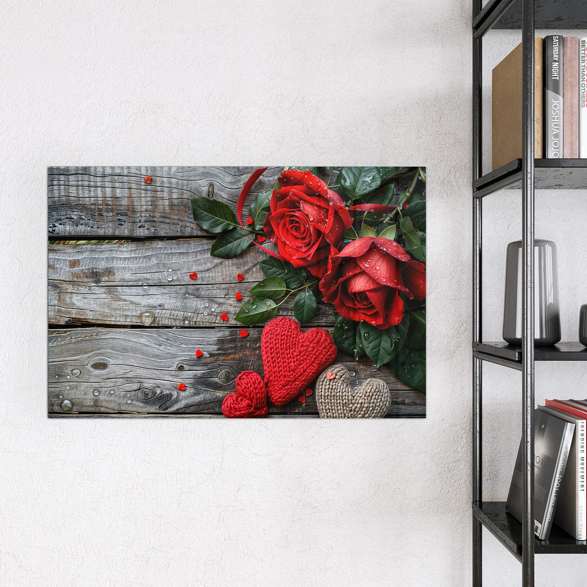 Magnettafel - Rosen mit Strickherzen – Betaute Rosen mit Strickherzen