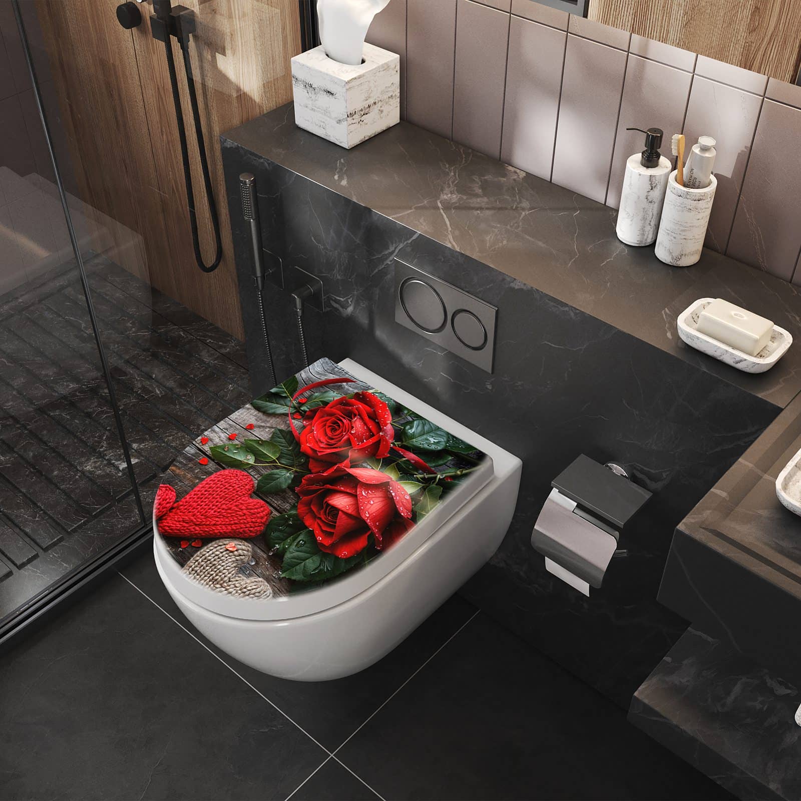 WC-Sitz mit Absenkautomatik Rote Rosen und Herzen