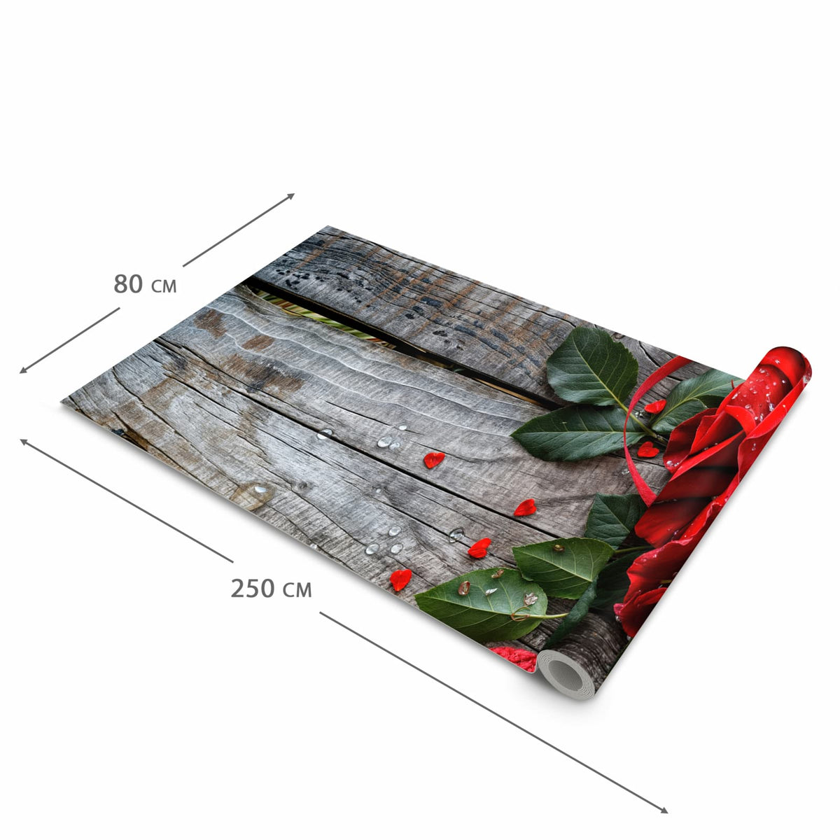 Hygienischer Küchenläufer nach Maß mit Motiv Rote Rosen und Herzen in der Größe 60x300 cm