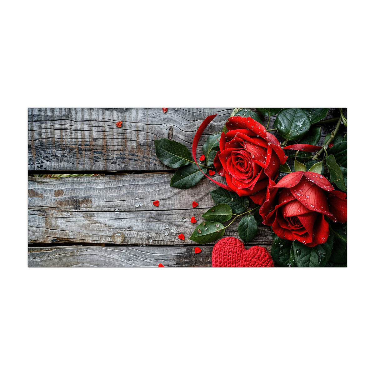 Küchenrückwand aus Glas Rosen mit Strickherzen im Hochformat, Motiv bildfüllend von vorn