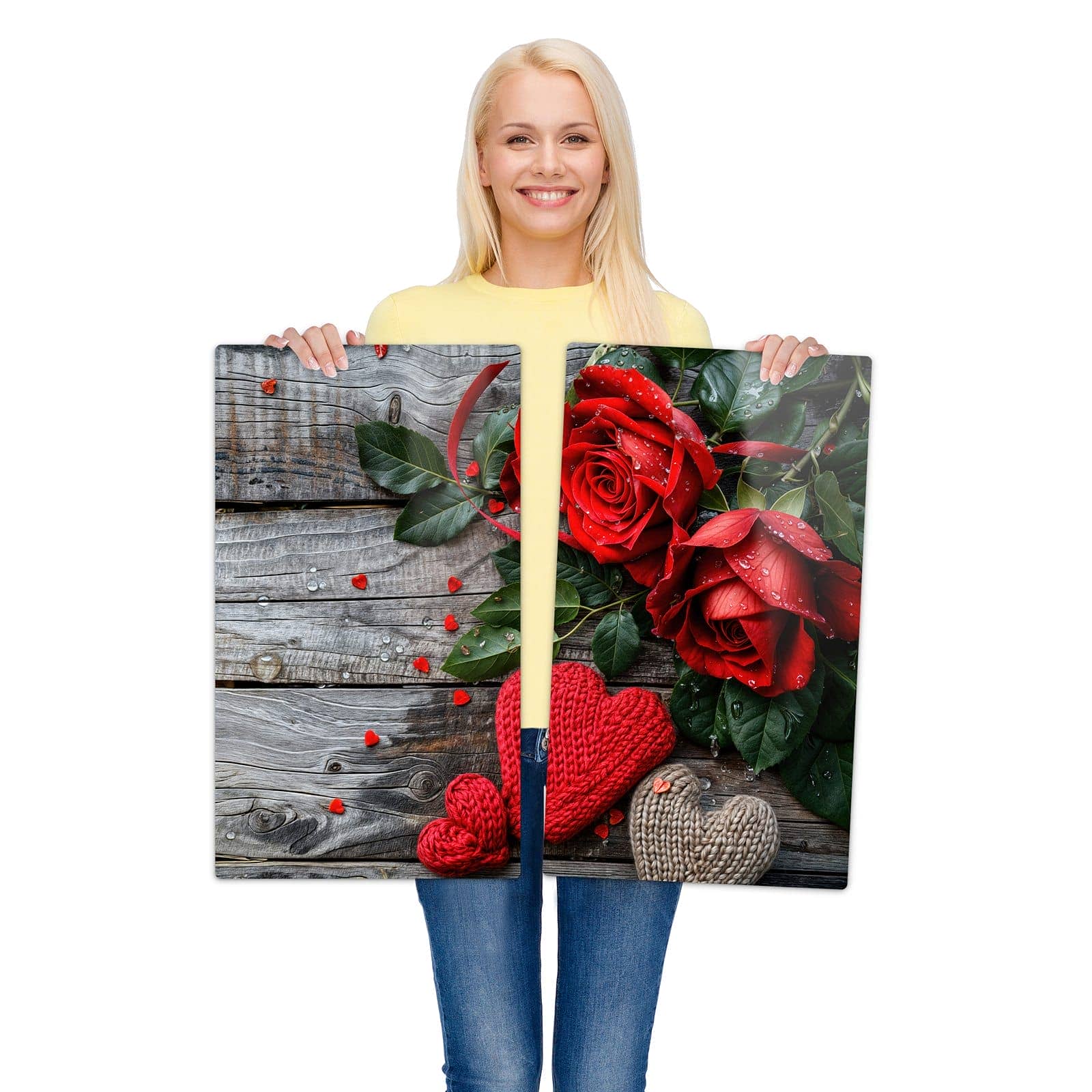 2-teilige Herdabdeckplatten für Ceranfeld mit Rote Rosen und Herzen-Motiv zur Größendarstellung gehalten