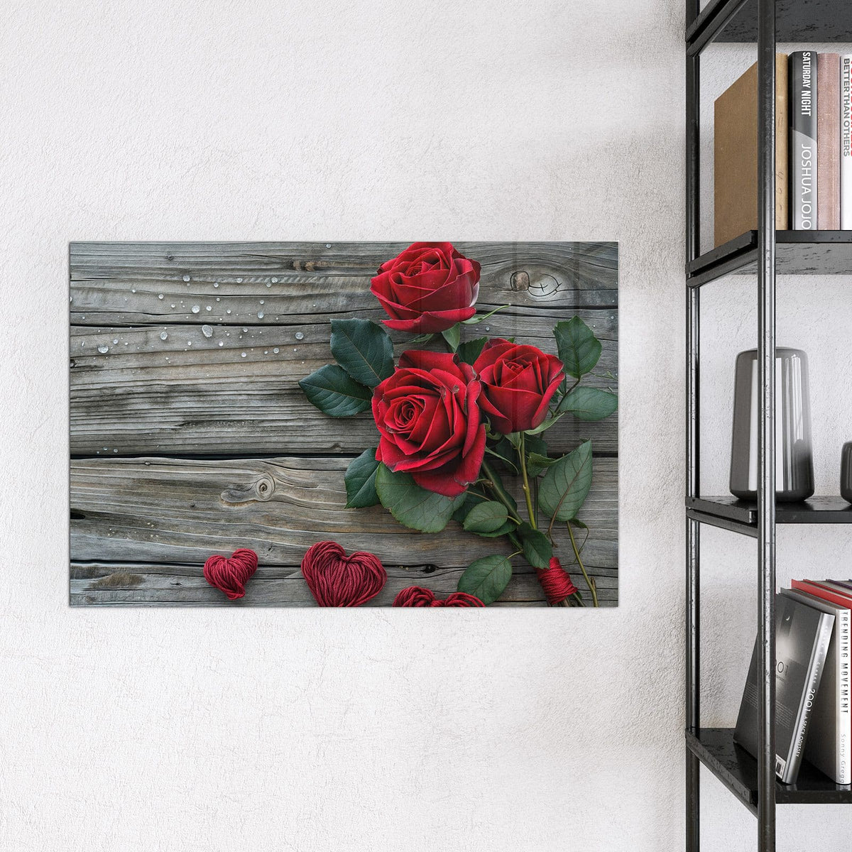 Magnettafel - Drei Rosen mit Herzen – Drei tiefrote Rosen auf Holz