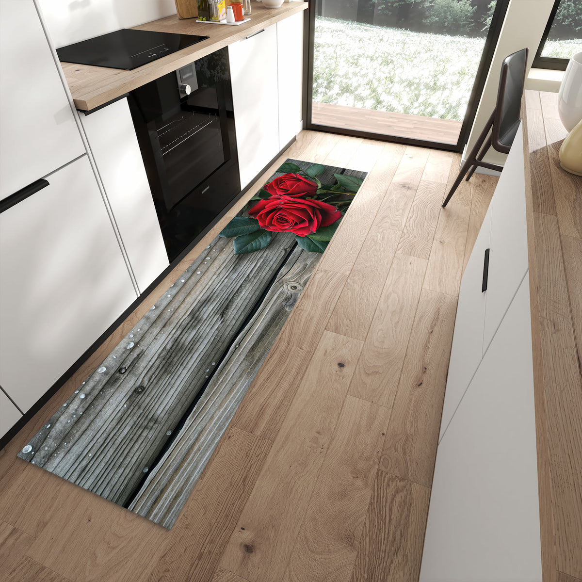 UV-beständiger Küchenteppich mit Motiv Romantische Rosenherzen in moderner Küche