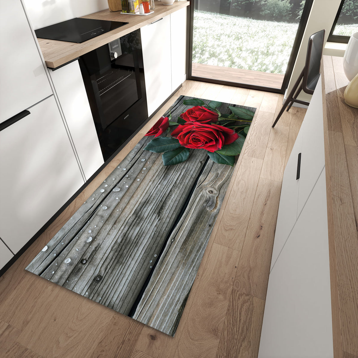 Komfortabler Küchenläufer mit Motiv Romantische Rosenherzen in moderner Küche