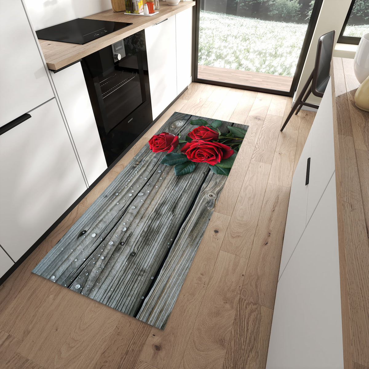 Schmutzabweisender Teppich für die Küche mit Motiv Romantische Rosenherzen in moderner Küche