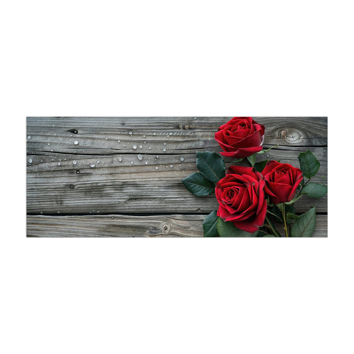 Küchenrückwand aus Glas Drei Rosen mit Herzen im Hochformat, Motiv bildfüllend von vorn