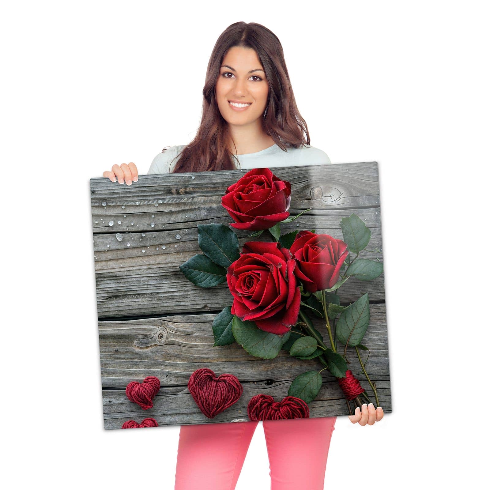 Abdeckplatte für Induktionsherd mit Romantische Rosenherzen-Motiv wird zur Größendarstellung gehalten