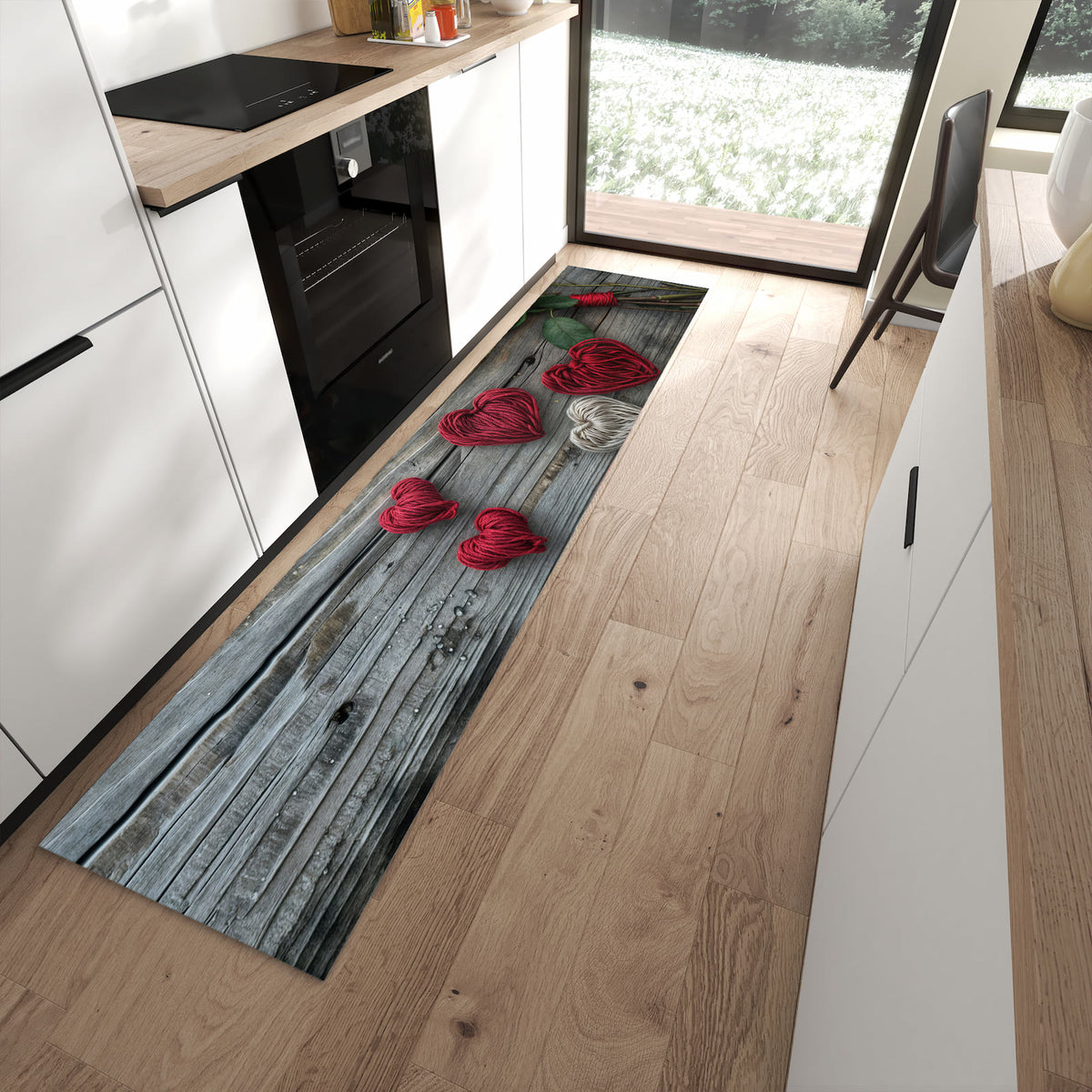 Komfortabler Küchenteppich mit Motiv Romantische Rosenherzen in moderner Küche