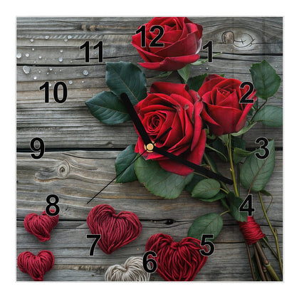 Wanduhr Quadratisch mit dem Motiv Drei Rosen mit Herzen