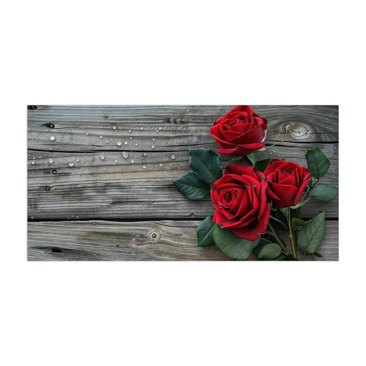 Küchenrückwand aus Glas Drei Rosen mit Herzen im Hochformat, Motiv bildfüllend von vorn