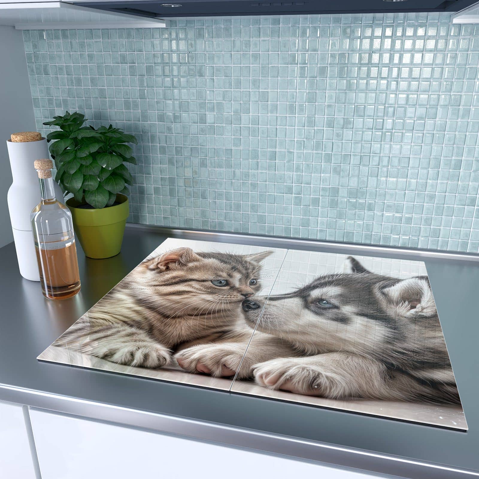 2-teilige Herd Schutzplatte mit Kätzchen und Welpe-Motiv auf dem Ceranfeld