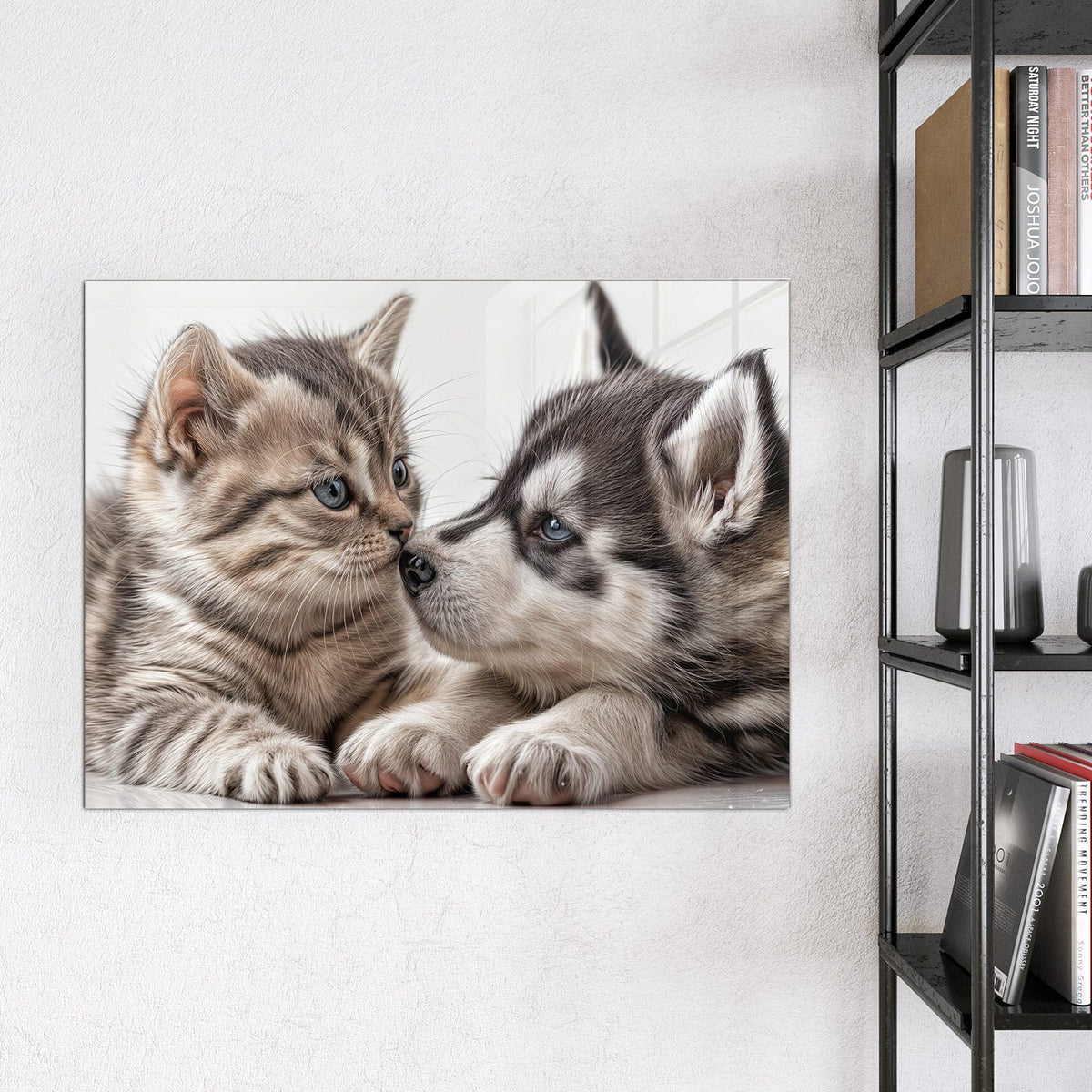 Glas Magnettafel - Husky und Kätzchen – Husky und Kätzchen Nase an Nase