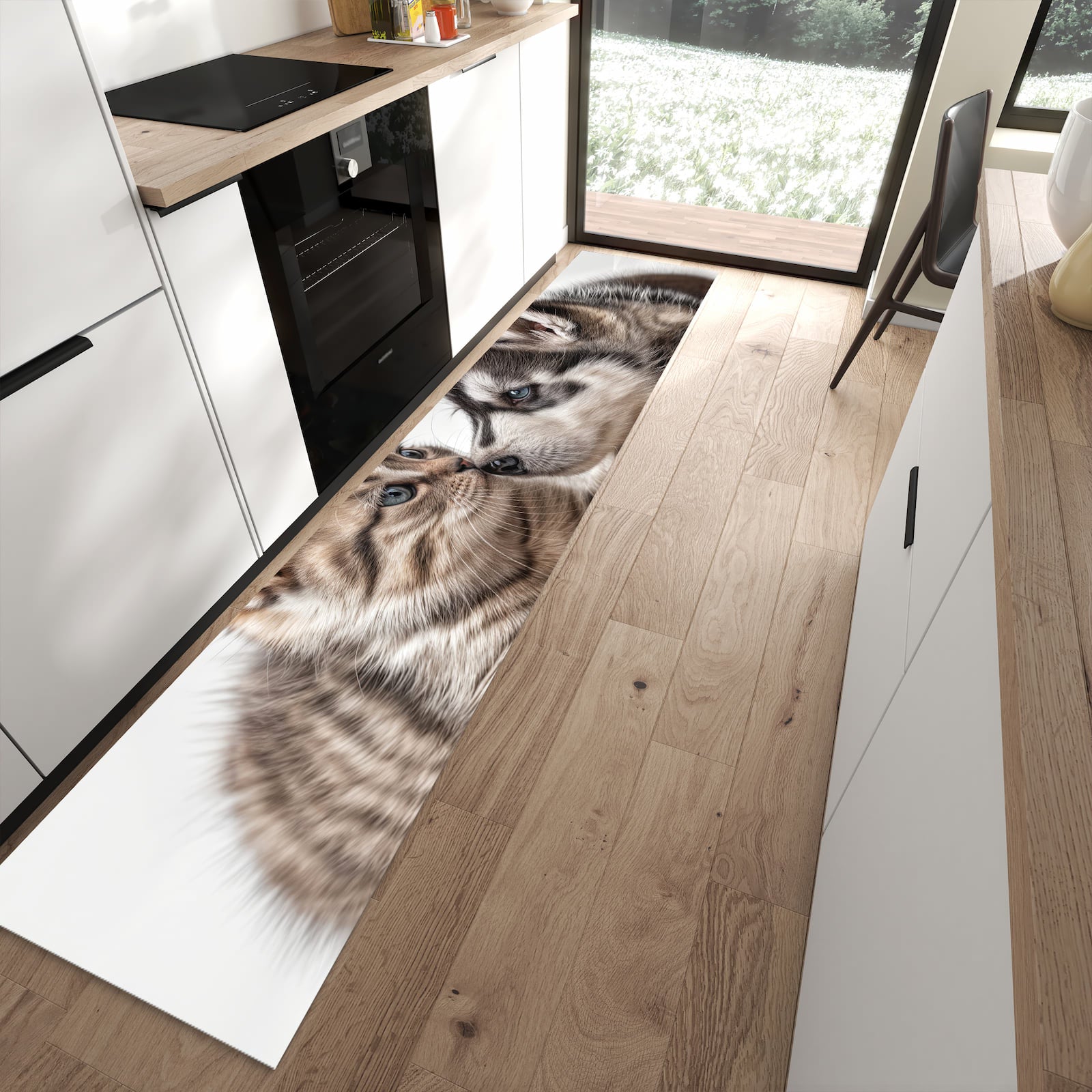 Rutschfester Küchenläufer mit Motiv Kätzchen und Welpe in moderner Küche