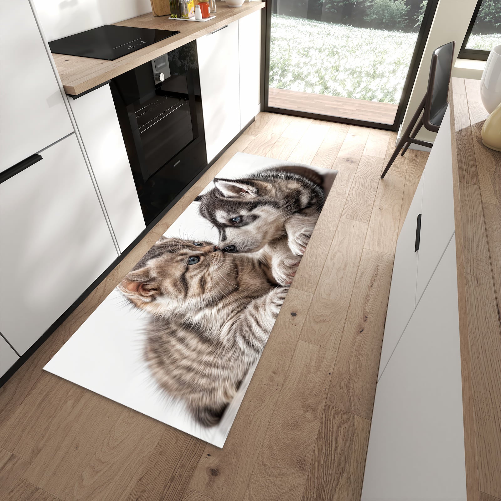 Bodenschonender rutschfester Küchenläufer mit Motiv Kätzchen und Welpe in moderner Küche