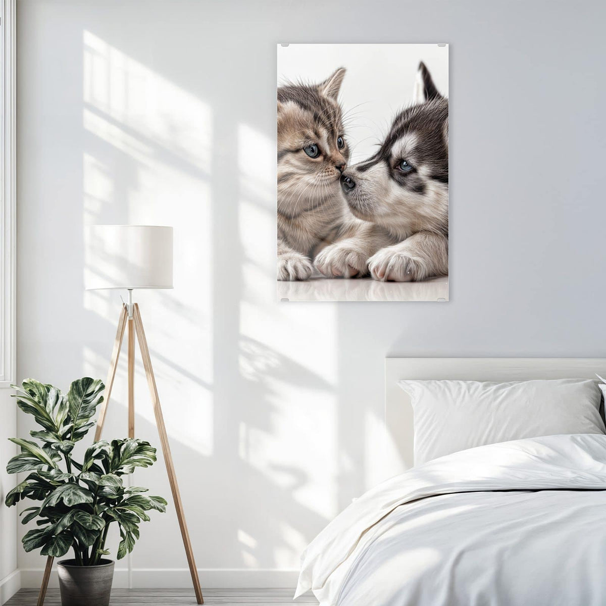 Glasbild Husky und Kätzchen an der Wand – Getigertes Kätzchen und Husky-Welpe liegen Nase an Nase beieinander