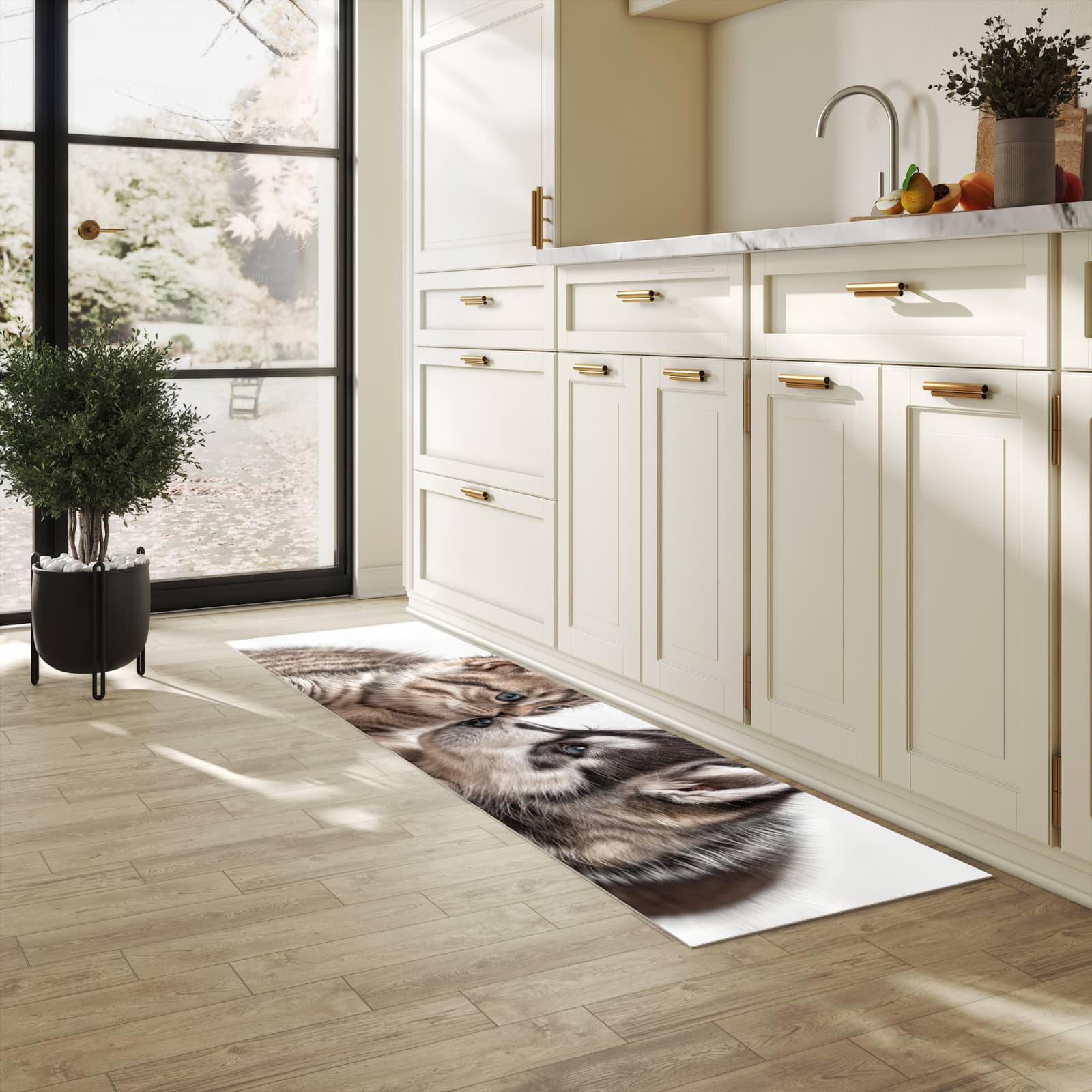 Küchenteppich mit Motiv Kätzchen und Welpe für Ordnung in heller Küche