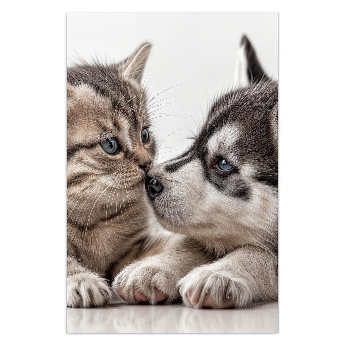 Getigertes Kätzchen und Husky-Welpe liegen Nase an Nase beieinander