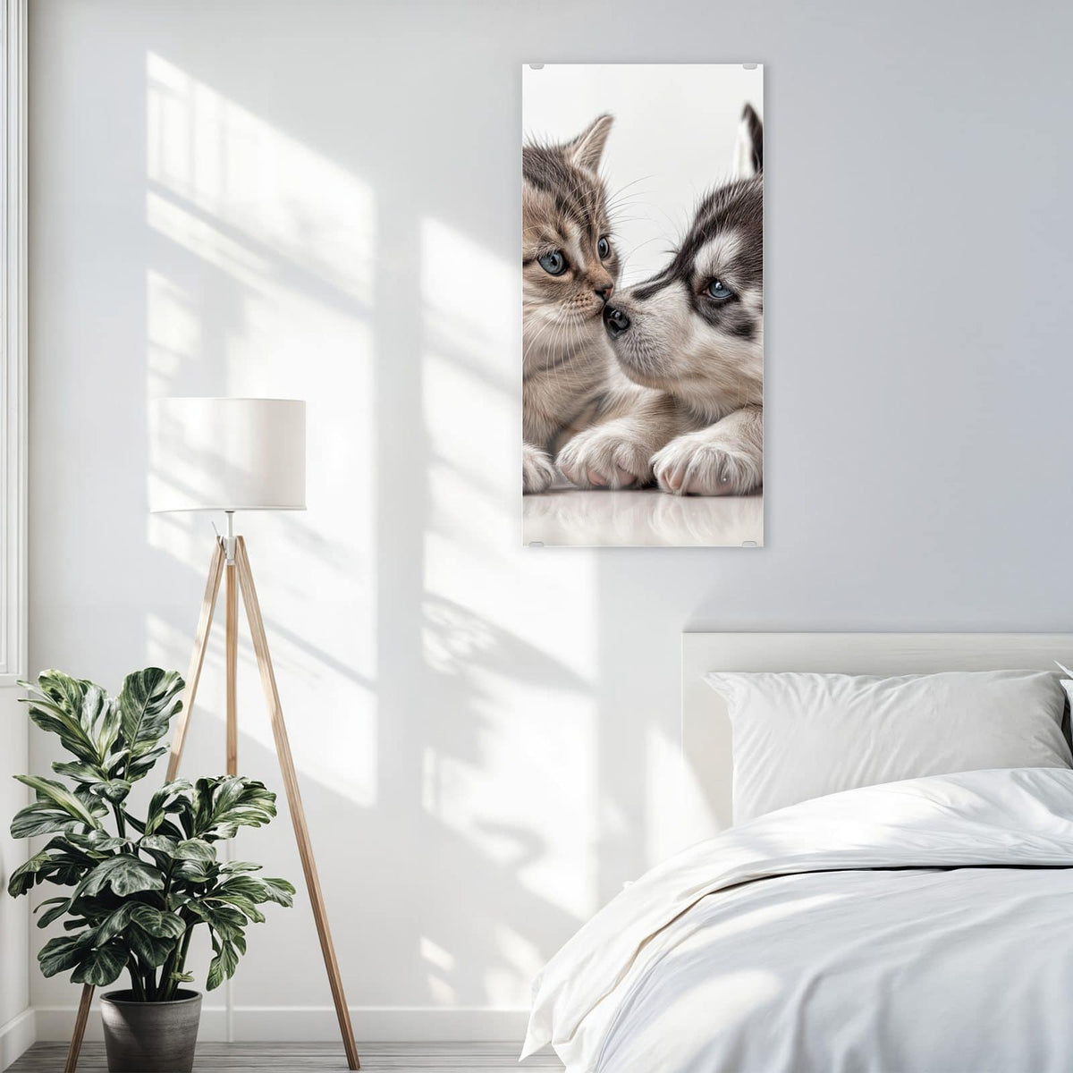 Glasbild Husky und Kätzchen an der Wand – Getigertes Kätzchen und Husky-Welpe liegen Nase an Nase beieinander