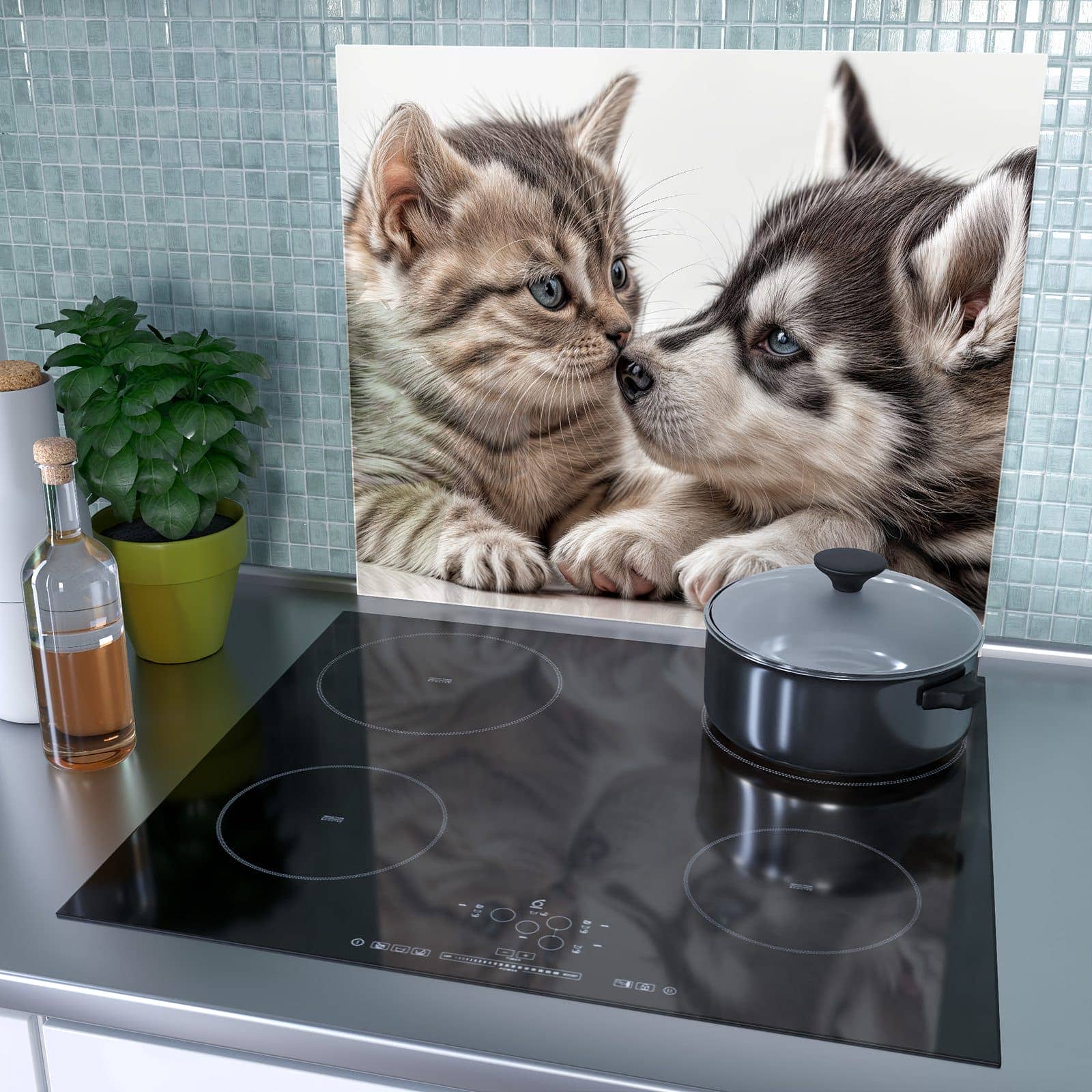 1-teilige Ceranfeld Abdeckplatten mit Kätzchen und Welpe-Motiv als Spritzschutz hinter dem Kochfeld