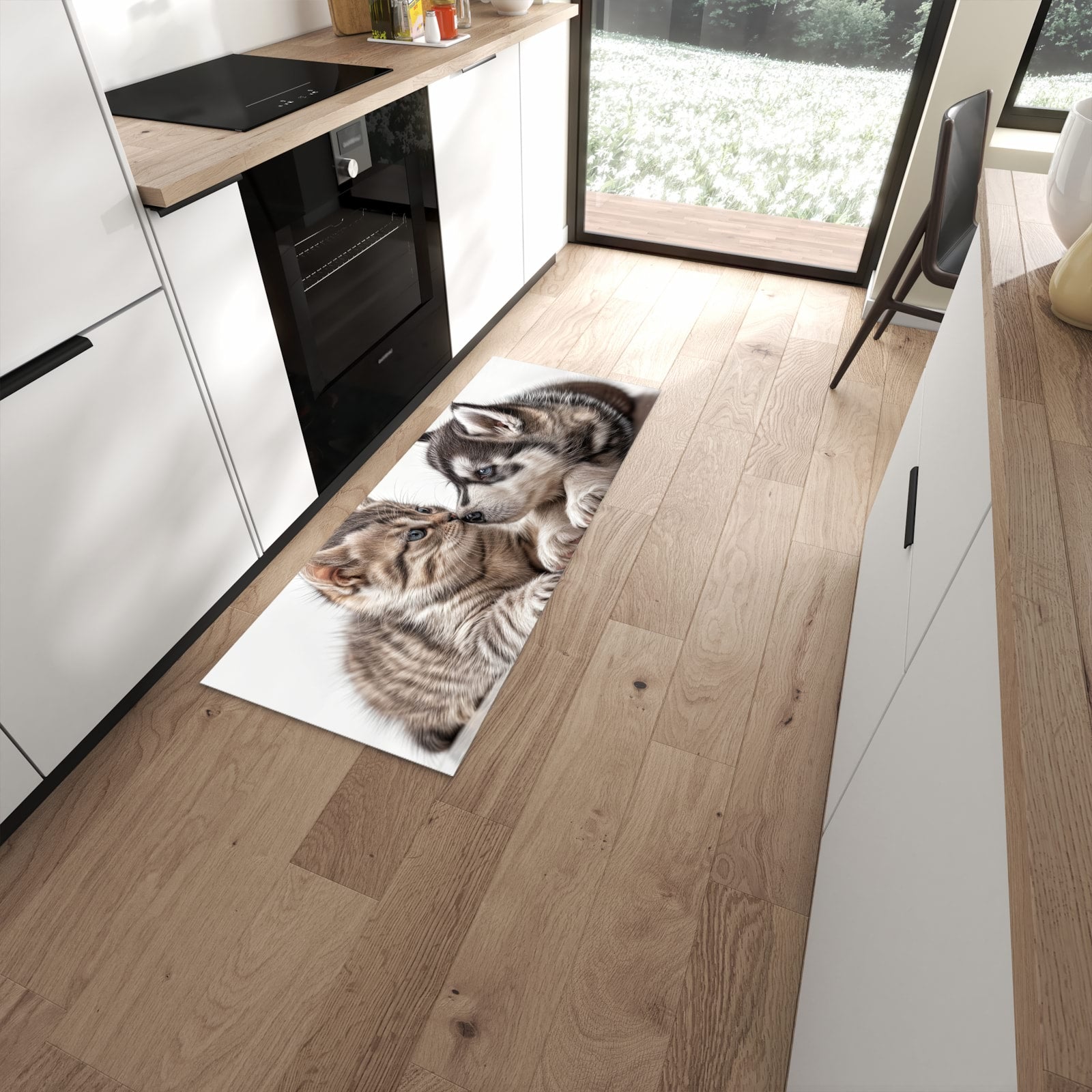 Hygienischer Küchenteppich mit Motiv Kätzchen und Welpe in moderner Küche - waschbar #grösse_60 x 150 cm