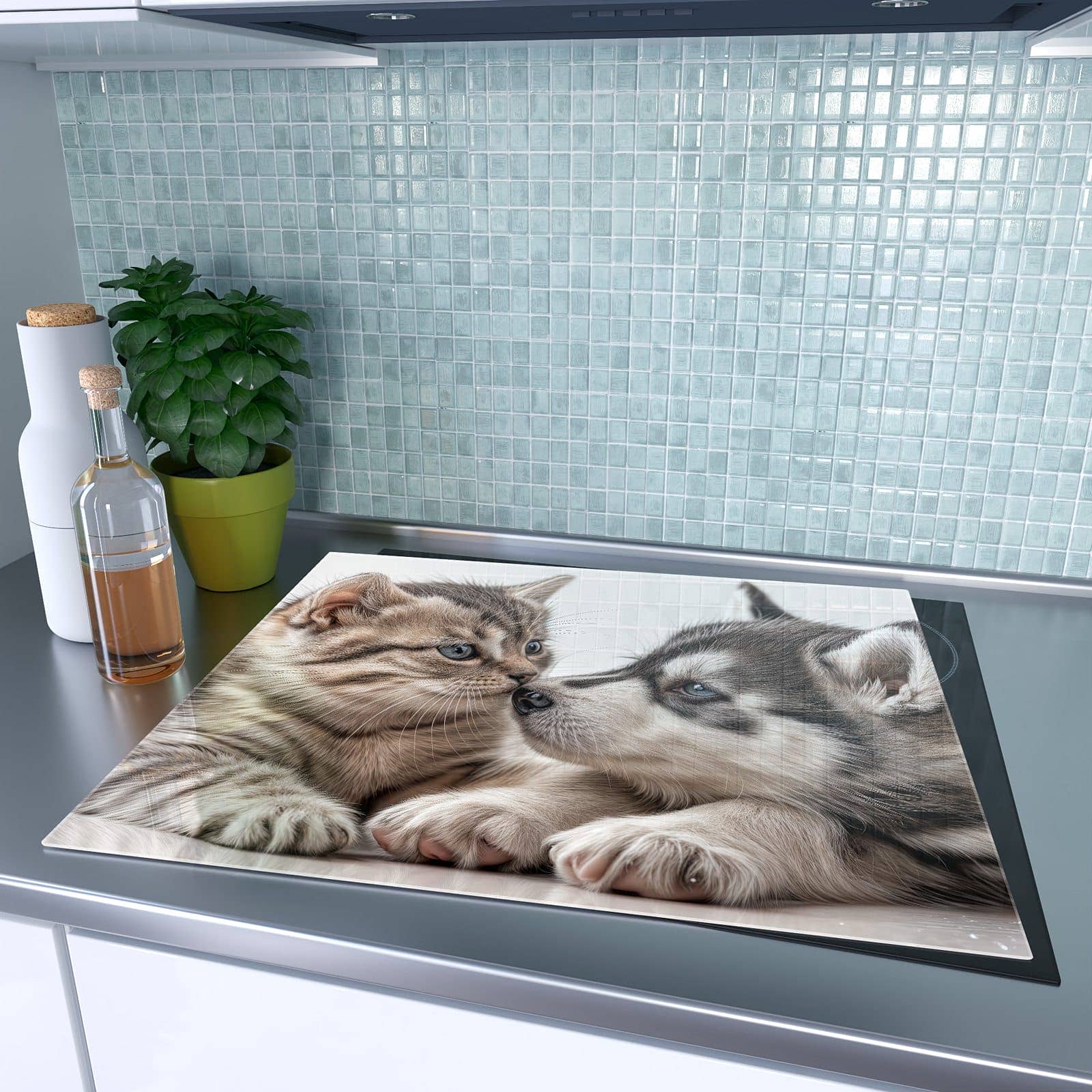 1-teilige Herdabdeckplatte aus Glas mit Kätzchen und Welpe-Motiv auf dem Ceranfeld