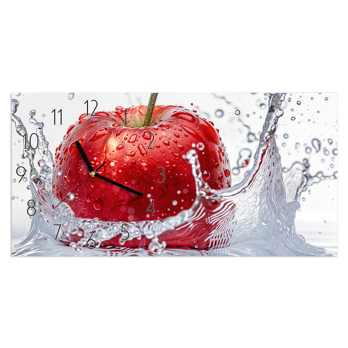 Wanduhr Spritzender Apfel aus Glas – Querformat 60 × 30 cm mit Ziffernblatt Elegant