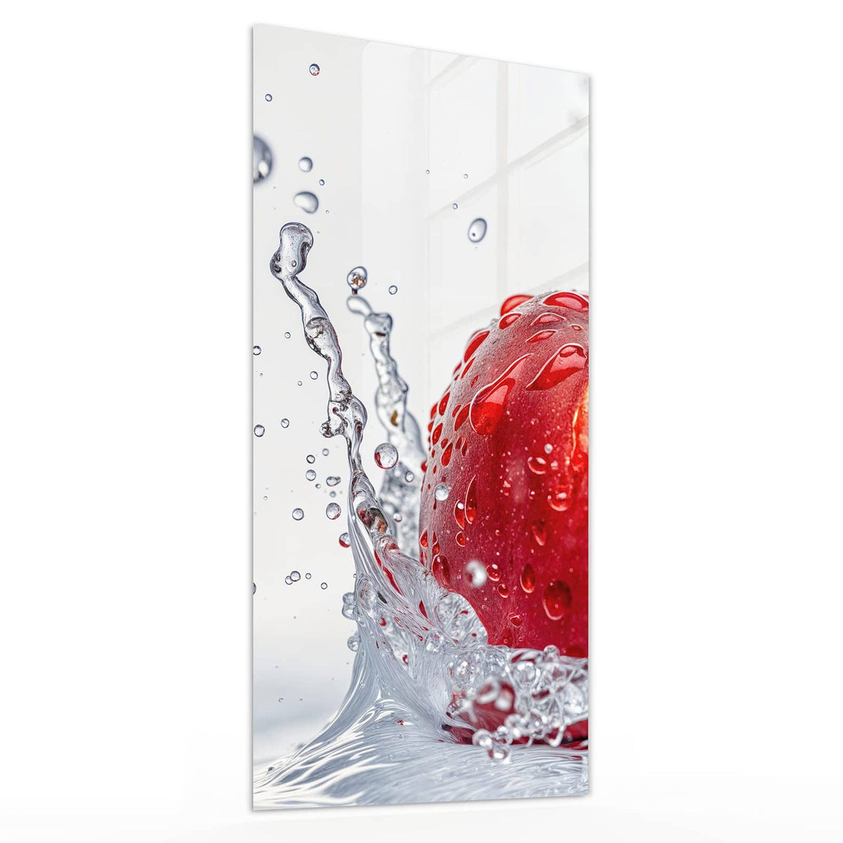 Glasbild Roter Apfel im Spritzer von der Seite, 4 mm Echtglas