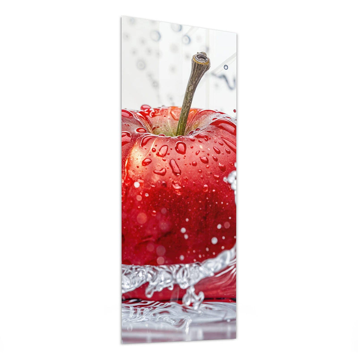Glasbild Roter Apfel im Spritzer von der Seite, 4 mm Echtglas