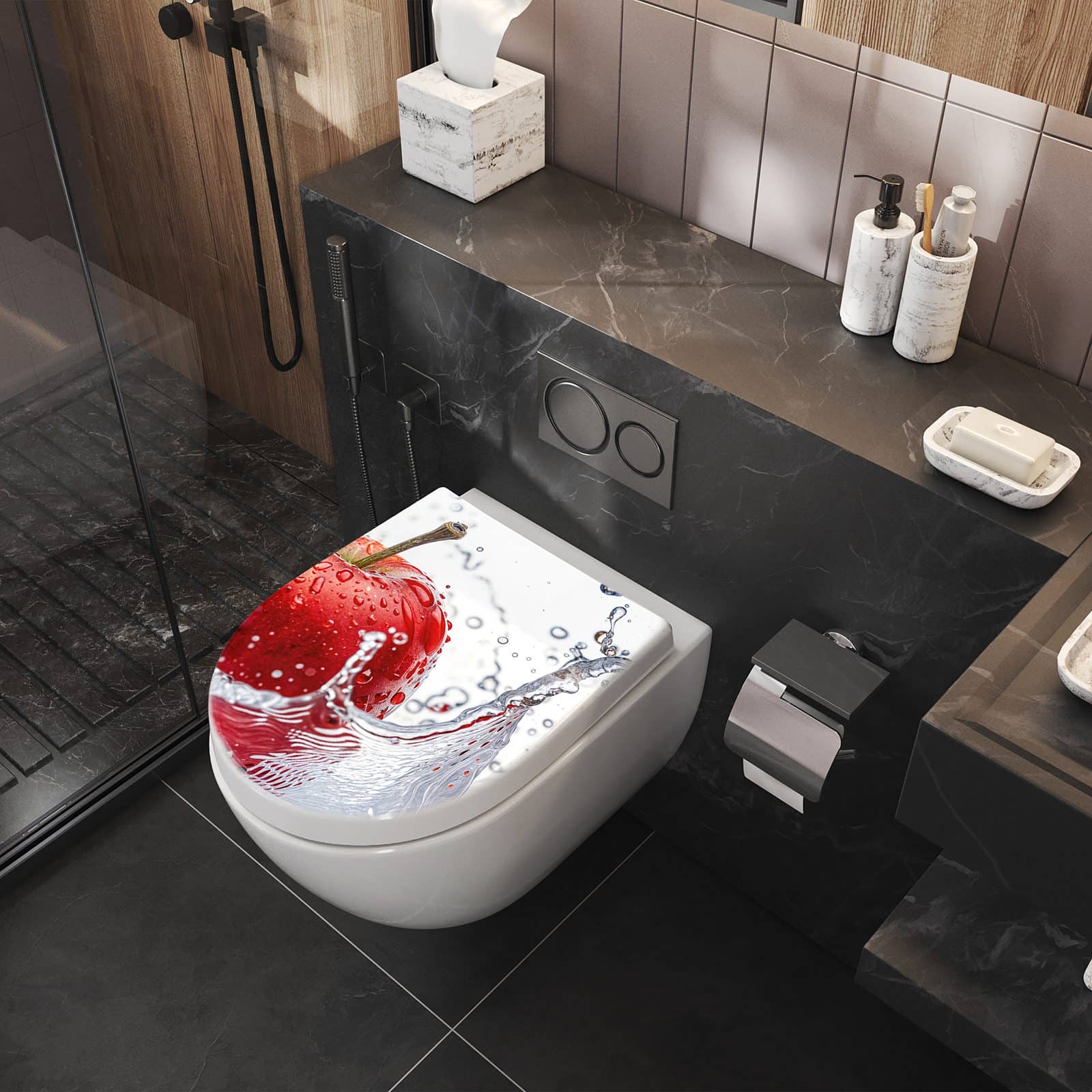WC-Sitz mit Absenkautomatik Spritzender Apfel