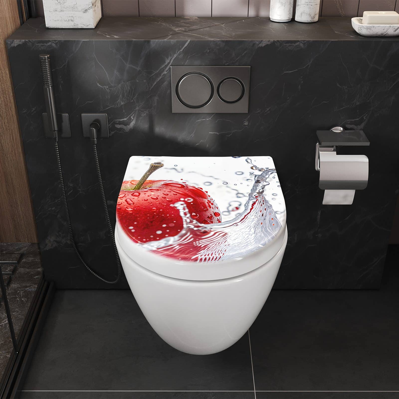 WC-Sitz mit Absenkautomatik Spritzender Apfel