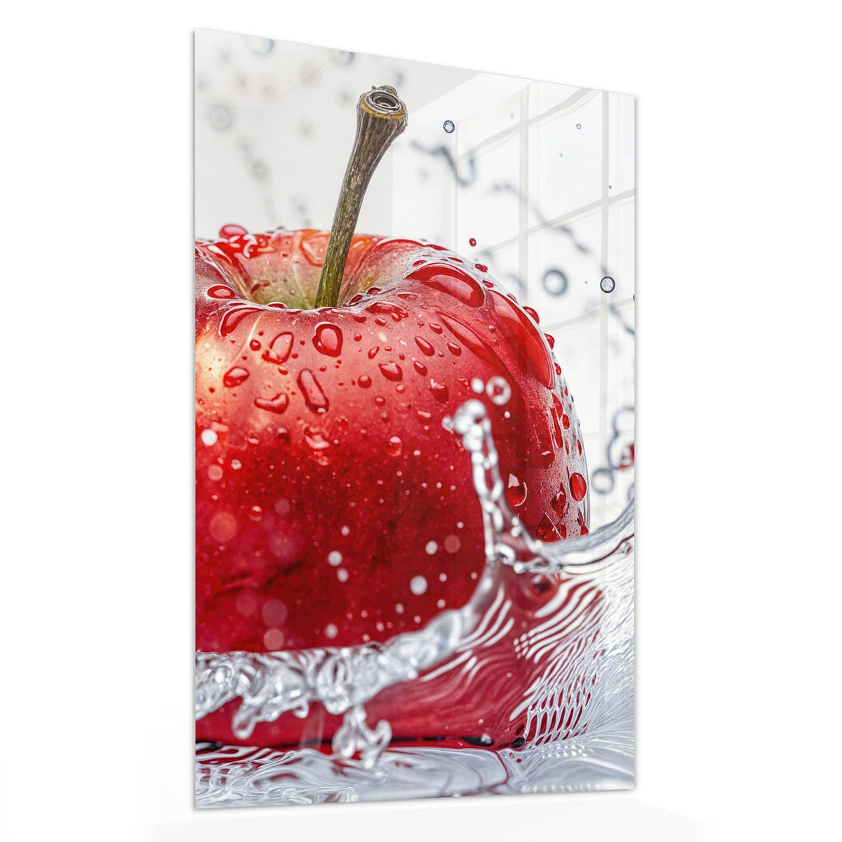 Glasbild Roter Apfel im Spritzer von der Seite, 4 mm Echtglas
