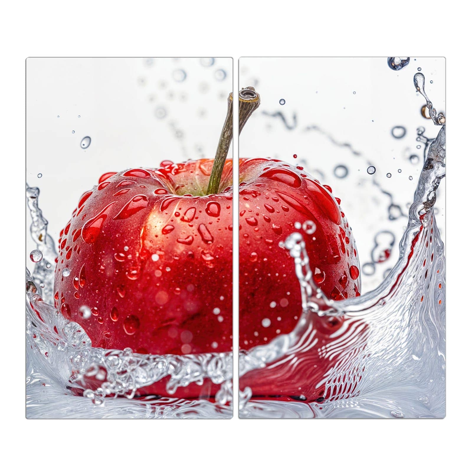 2-teilige Herdabdeckung mit Spritzender Apfel-Motiv in der Frontansicht #grösse_2-Teilig (60x52cm)