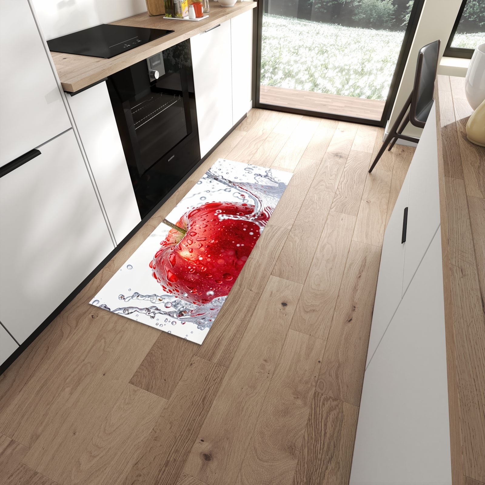 UV-beständiger waschbarer Teppich für Esstisch mit Motiv Spritzender Apfel in moderner Küche #grösse_60 x 150 cm