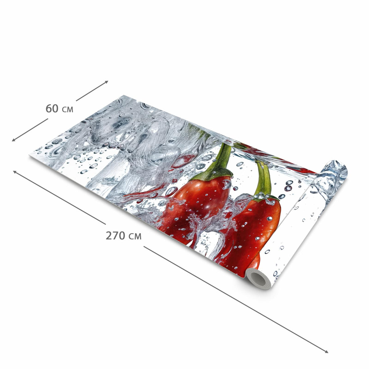 Hygienischer rutschfester Küchenläufer mit Motiv Chilis im Wasser in der Grösse 60x270 cm