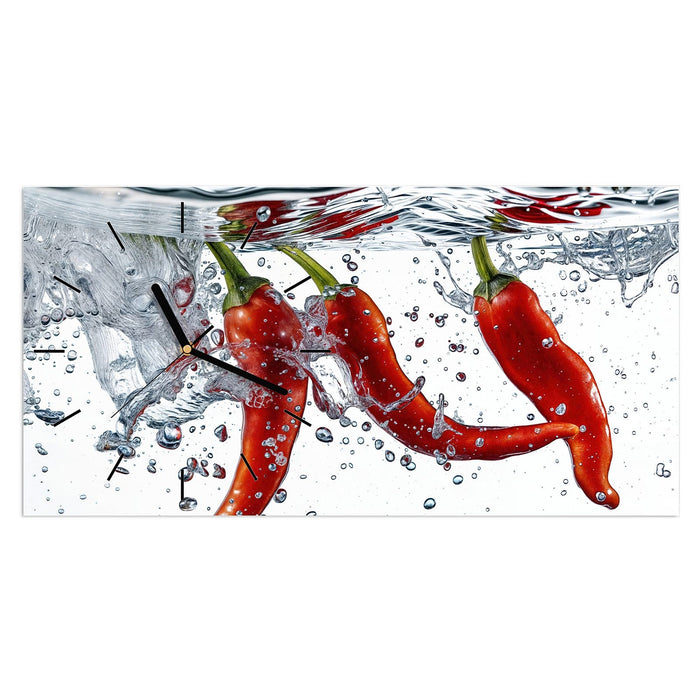 Wanduhr Chilis im Wasser aus Glas – Querformat 60 × 30 cm mit Ziffernblatt Linie