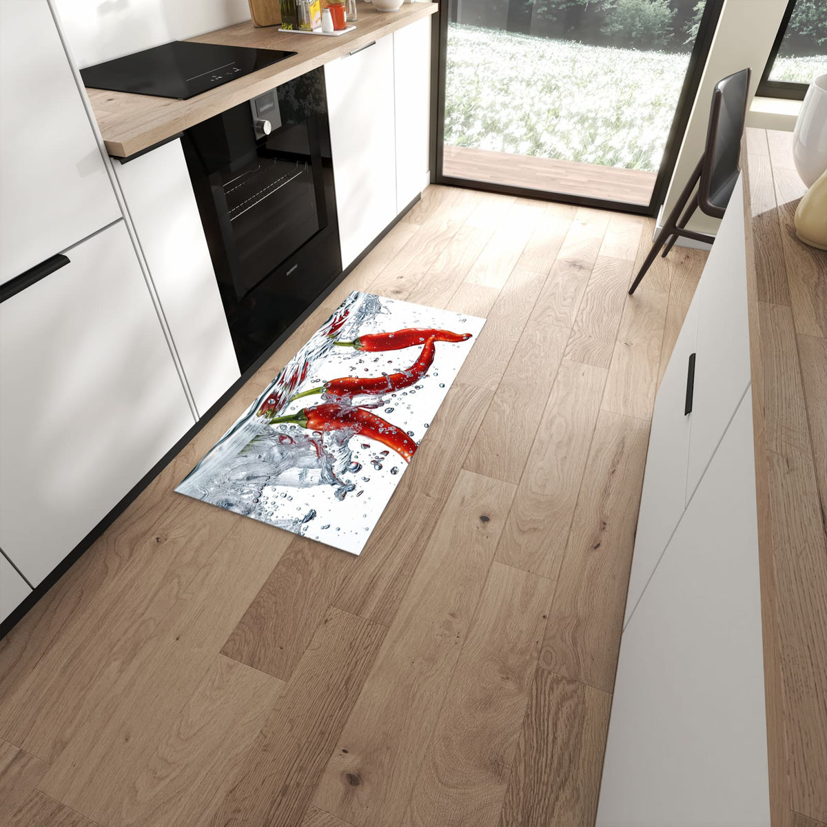 Strapazierfähiger Küchenvorleger mit Motiv Chilis im Wasser in moderner Küche #grösse_60 x 120 cm