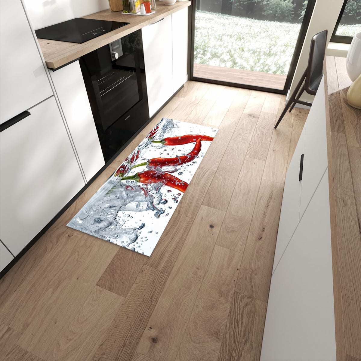 Waschbarer Küchenteppich mit Motiv Chilis im Wasser in moderner Küche #grösse_60 x 150 cm