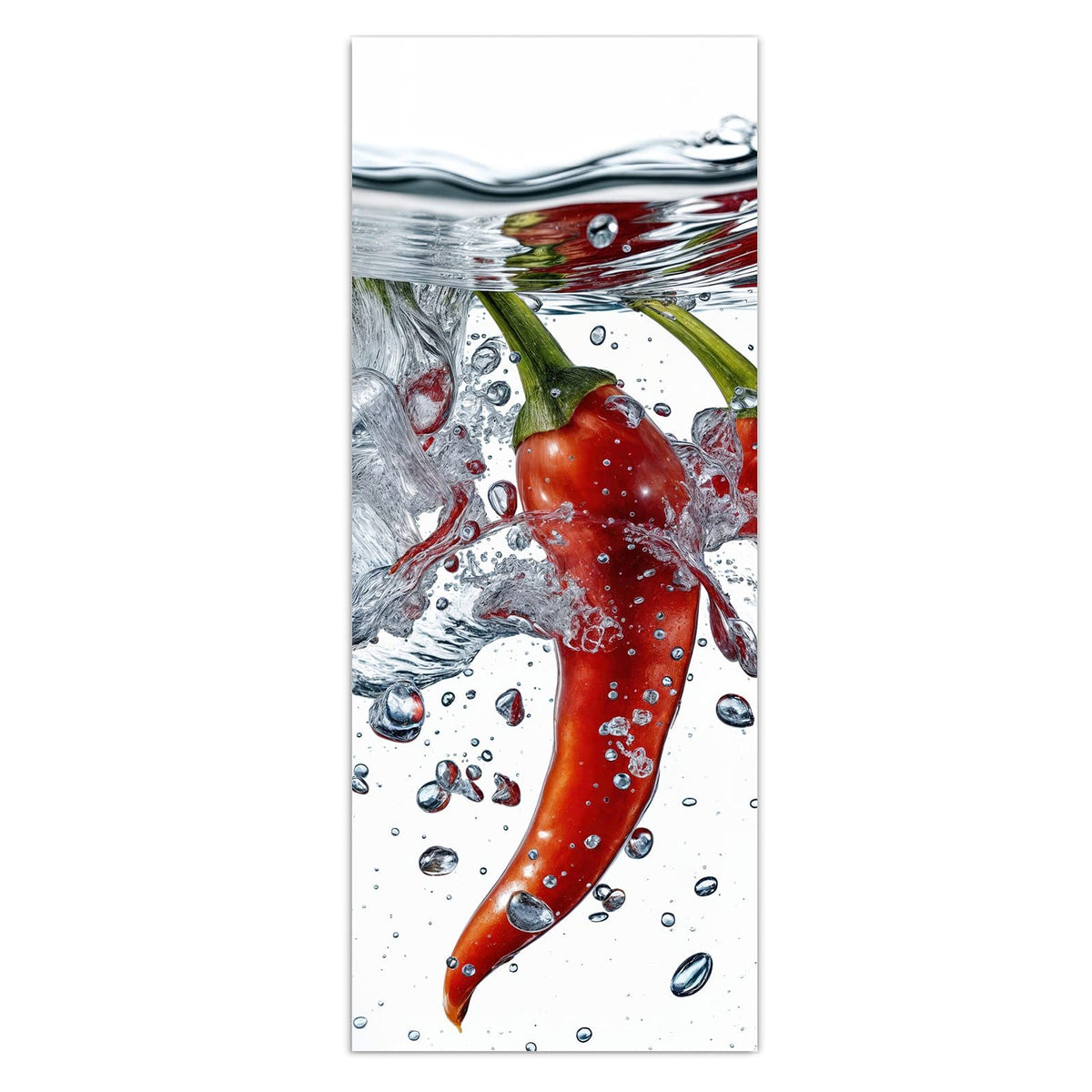 Wandbild - Drei Chilis im Wasser - Hochformat – Drei rote Chilis unter Wasser