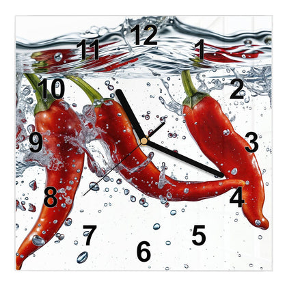 Wanduhr Quadratisch mit dem Motiv Drei Chilis im Wasser