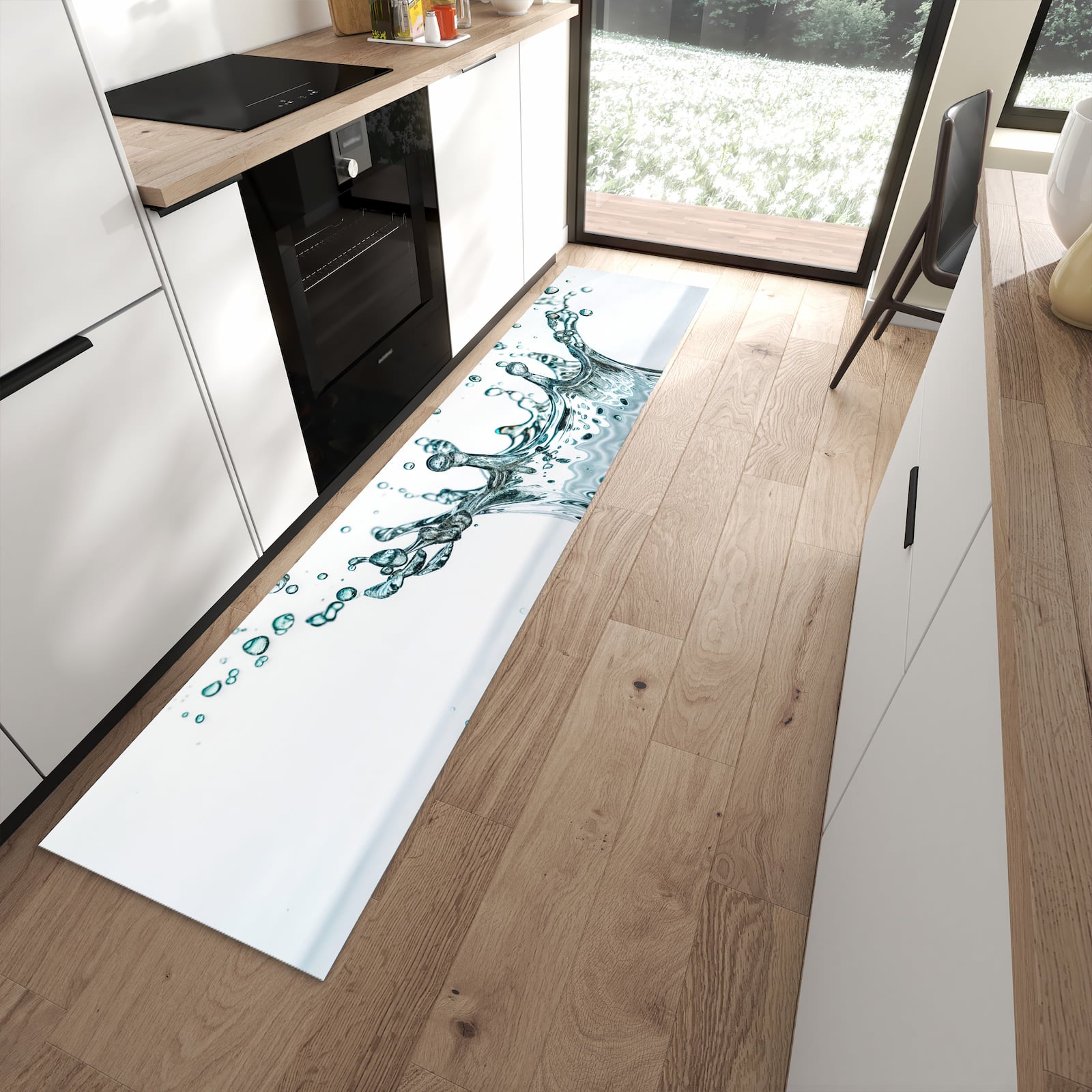 Geruchsneutraler Küchenteppich mit Motiv Wassertropfen Splash in moderner Küche