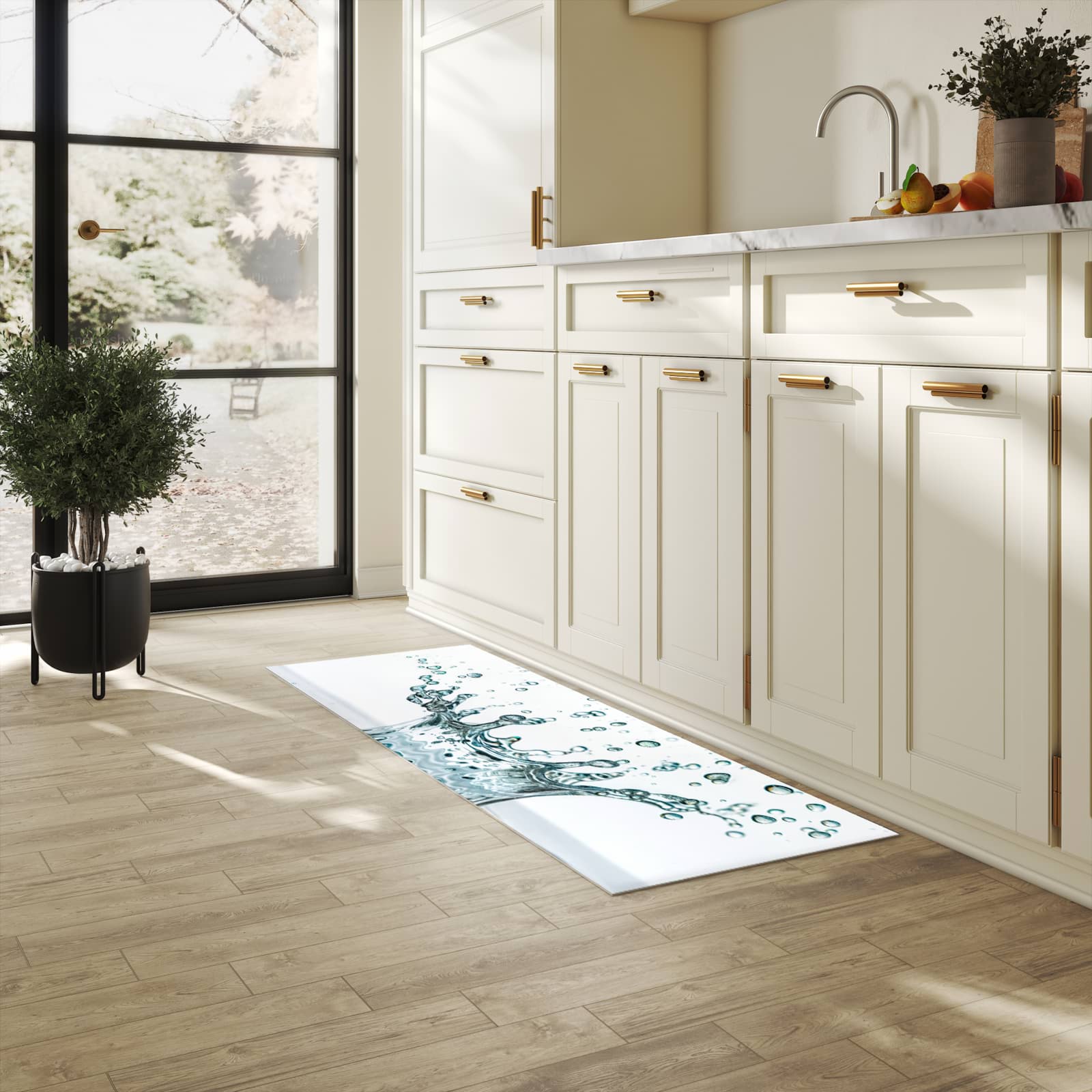 Pflegeleichter moderner Küchenläufer mit Motiv Wassertropfen Splash in heller Küche