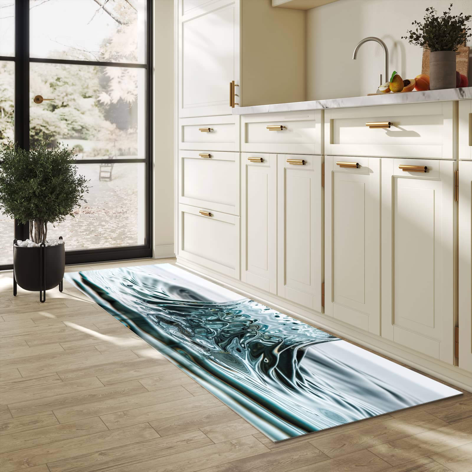 Waschbarer Küchenteppich mit Motiv Wassertropfen Splash in heller Küche